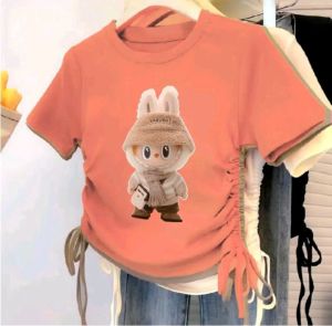Kaos Anak Perempuan Labubu Viral CroptopTali Serut Kerut Samping Kiri Kanan Lengan Pendek