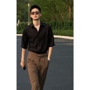 Fancy Handsome Ice Silk Shirt Mens Short Sleeve Summer Thin Business Drape Shirt Trendy Silm 3/4 Sleeve