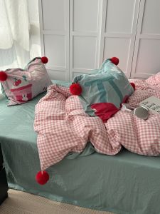 Cute Korean Style Cherry Red Plaid Washed Cotton Bedding Set Girls Duvet Cover Sheet Three Piece Set Four Piece Set