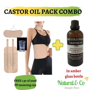 Pure Cold Pressed Castor Oil Pack (100ml Pure Cold Pressed Castor Oil in Amber Glass Bottle + Reuseable Organic Castor Oil Pack)