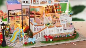 Zuuton DIY Doll House Kit Villa with Pool Piano LED Light Wooden 3D Puzzle Miniature Dollhouse with Furniture HandmadeCraft Gift