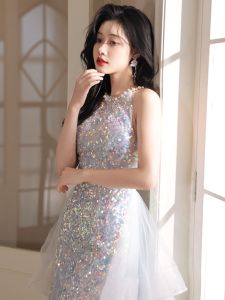 Blue Evening Gown Fish Tail Heavy Work Birthday Party Sparkling Luxury High End Short Korean Style round Neckline Wedding Dress