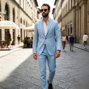 Linen Summer Suits for Men 2 Pieces Single Breasted Breathable Lightweight Jacket with Pants Set Party Prom Wedding Tuxedos