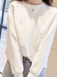 WANGGONGZHU | Fashionable Loose Womens Sweatshirt Embroidered Bead Air Layer Design Simple Style Autumn New Arrival Princess Style Round Neck Long Sleeve