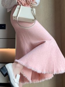 Váy Midi Len Chấm Bi Màu Hồng Cạp Cao Cho Nữ Mùa Thu Đông Dài Vừa Phải Dáng Chữ a Ôm Sát Đuôi Cá