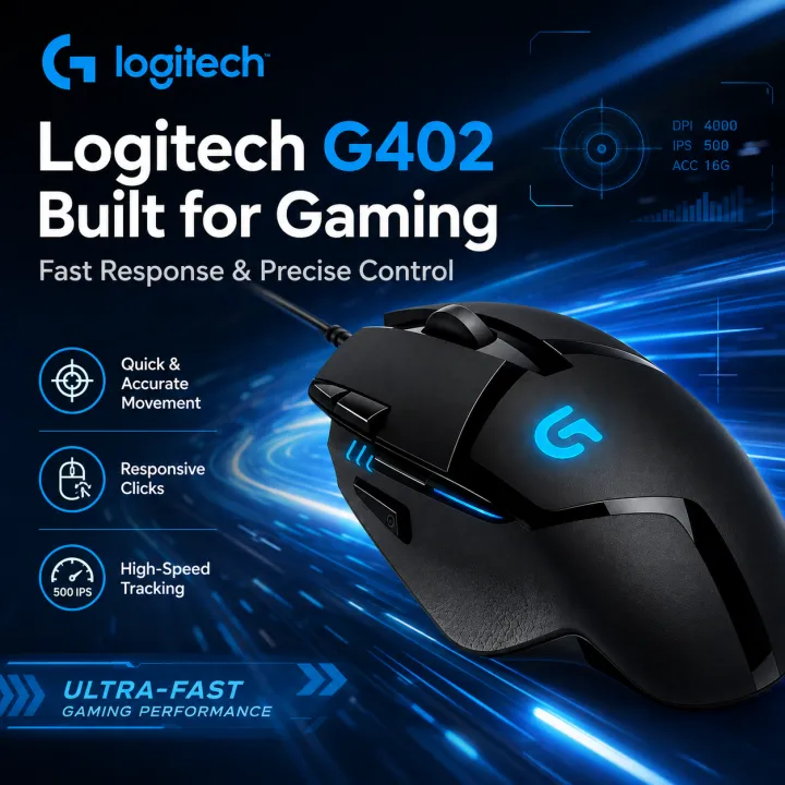 Logitech | Logitech G402 Budget Wired Gaming Mouse 4000 DPI 8 Programmable Buttons Fusion Engine Affordable Esports Mouse for PC Laptop