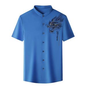 ROMON | Lormen Mens Ice Silk Short Sleeve Shirt Summer Thin Casual Stand Collar Business Casual Chinese Style Trendy Shirt Slim Fit