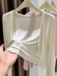 Summer Thin Short Outerwear Womens Cheongsam Shawl V-neck Long Sleeve Pure Color Commute Style Fashionable Wood Grain Edge