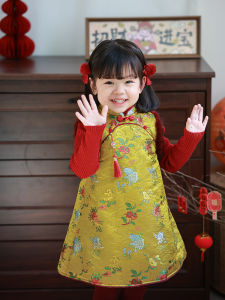 Baby New Year Outfit Silk Embroidered Gold Fish Girls Birthday Ceremony Clothes Traditional Chinese Childrens Clothing