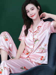Collar Cool Silk Loose Summer Light Short Sleeve Long Pants Loungewear Set