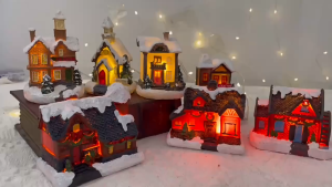 Christmas Village Sets Light Up Christmas Town LED Tiny Resin Village Figurines Collection Display Xmas Table Decor Ornaments