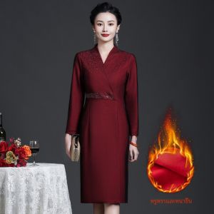 ชุดราตรีผ้ากำมะหยี่ฤดูหนาว ชุดแต่งงาน ชุดยาวคลุมเข่า แขนยาว คอตั้ง สีสันสดใส แฟชั่นฤดูใบไม้ร่วงและฤดูหนาว