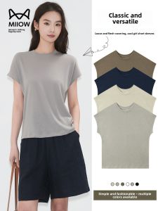 MiiOW | Loose Cotton Linen Short Sleeve Womens T-shirt Casual Round Neck Base Shirt MiiOW Pure Color Daily Wear Summer Moisture Wicking