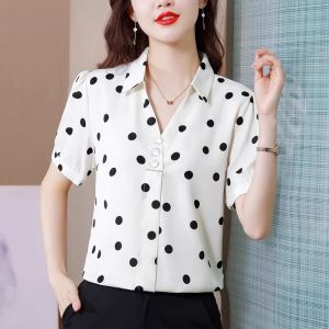 WANGGONGZHU | Princess Style Polka Dot Chiffon Shirt Womens Summer New Fashion Retro V-neck Short Sleeve Elegant Ladylike Straight Cut Top