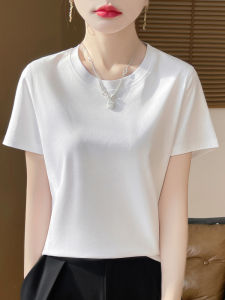 เสื้อยืดคอกลมแขนสั้นผ้าคอตตอนระดับไฮเอนด์สำหรับผู้หญิง ทรงหลวม สไตล์เกาหลี สีขาว ฤดูร้อน 2025 เสื้อยืดคอกลมเนื้อบาง