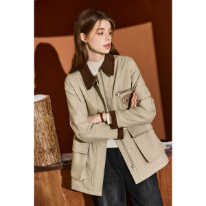 Áo Khoác Nữ Cổ Corduroy Màu Khaki Cotton