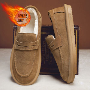 รองเท้าผ้าใบหนังสัตว์ขนหนาสำหรับผู้ชาย ฤดูใบไม้ผลิและฤดูใบไม้ร่วง รองเท้าลำลองแบบสวมสบาย ส้นแบน พื้นยาง รองเท้าบุขนแกะ