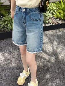Summer High Waist Lace Trim Straight Folded Cuff Jeans Shorts Wide Leg Loose Fit Comfortable Bootcut Capri Pants for Women
