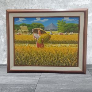 Golden Rice Harvest Oil Painting with Frame Handmade by a Local Artist 24 in x 30 in