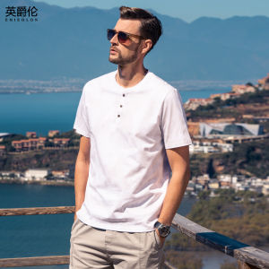 เสื้อยืดแขนสั้นผ้าฝ้ายยาวสไตล์ย้อนยุคแบบย้อนยุคสไตล์อเมริกันสำหรับผู้ชาย เสื้อเชิ้ตคอฮันนี่แบบครึ่งแขนสไตล์ญี่ปุ่นและเกาหลีใต้