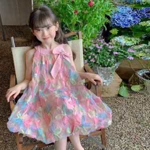 Bear Leader Baby Girls Princess Party Dresses Summer Bow Mesh Flower Dress Pompon Skirt for 3 to 7 Years Kids Casual Wear Clothing Childrens Clothes