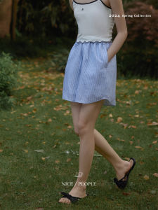 Nice People 2024SS Casual Stripe Linen Drawstring Design Shorts Comfortable Breathable Wide Leg Pants Commute Artistic Style