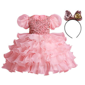 Girls Cake Puff Dress Birthday Flower Girl Sequin Dance Performance Dress Princess Gown with Headband