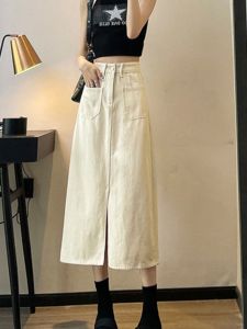 กระโปรงยีนส์ทรงเอเอวสูงทรงหลวมบางเฉียบสำหรับผู้หญิง ฤดูใบไม้ผลิและฤดูร้อน 2024 กระโปรงทรงเอทรงหลวมสบาย ๆ สีพื้น