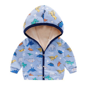 Fleece Lined Hooded Open Cardigan for Babies And Toddlers Boys Girls Autumn Winter Clothes Milk Silk Casual round Neck Jacket