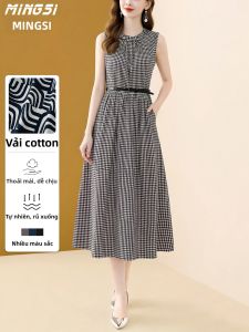 MINGSI | Black And White Check Pure Cotton Sleeveless Summer Slimming Dress