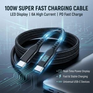 100W USB C Cable PD Fast Charging USB C to USB C Cable 6A LED Display Fast Charge Cord for iphone 17 16 15 Samsung Xiaomi Huawei