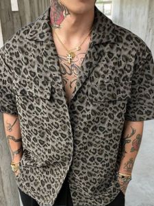 Loose Fit Cuban Collar Short Sleeve Hawaiian Style Mens Shirt Summer Casual Vacation Wear Youth Fashion Leopard Print