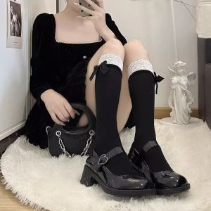 Sweet Lolita Ballet Style Mid-Calf Socks White Lace Trim Black Versatile JK Leg Socks Velvet Thin Texture Womens Socks