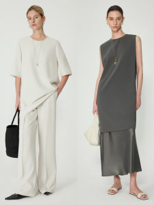 Minimalist ROW Style Satin Long Top Half Skirt 4 Piece Set Asymmetrical Short Sleeve round Neck Mid-Length Summer T-Shirt Set