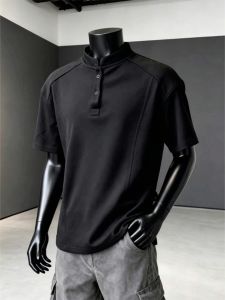 LIUBU | Black Henley Collar Boxy T-Shirt Summer Short Sleeve