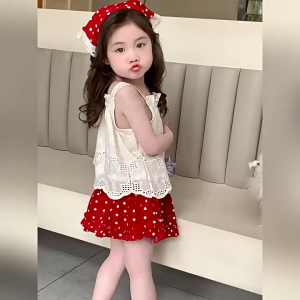 Babyonline(Y176)J2 ชุดเซ็ตแฟชั่นเด็กผู้หญิง3ชิ้น เสื้อสายเดี่ยวกระโปรงกางเกงลายจุดพร้อมที่คาดผมสุดน่ารัก ผ้าฝ้าย