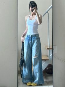 American Style High Waist Wide Leg Jeans Women Summer Design Thin New 2024 plus Size Straight Cut Slimming Long Trousers