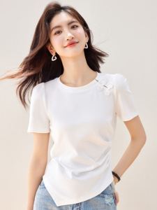 New Chinese Style National Style Plate Buttons White T-shirt Womens Short Sleeve Summer Stylish Niche Style Asymmetrical Ruched 100% Cotton Coat