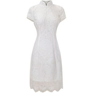 Elegant White Lace Young Style Qipao Wedding Dress Short Sleeve High Waist H Version Polyester Fiber Spring Autumn Wear