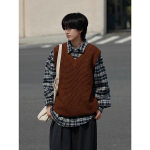 เสื้อกั๊กถักคอวีแขนกุดหลวมๆ สไตล์วินเทจญี่ปุ่น ทรงหลวมๆ สบายๆ สำหรับผู้ชายและผู้หญิง แฟชั่นกลางแจ้งแบบอเนกประสงค์