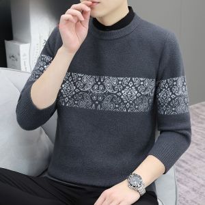 HENGYUANXIANG | Hengyuanxiang Mens Fashionable Printed Shirt Collar Sweater Base Layer Thickened Casual Knitted Autumn Winter Leisure Top
