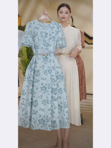Elegant Floral Print Waist-Cinching Dress Womens High-End Fashionable Chanel Style Short Sleeve Mid-Length U-Neck Dress