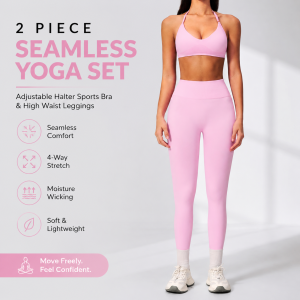 Matching Long Leg Activewear Set | U-Neck Halter Top + Tummy Control Full-Length Workout Pants