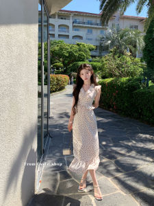 Chil Sung Womens V-neck Shirt Tie-dress Cherry Heart Print Summer Fashion Long Dress Sweet Style Short Sleeve Chinese Made