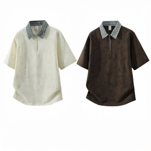 Mark Fairwhale | American Collar Short Sleeve Zippered Gingham Patchwork Business Casual Summer Polo Shirt