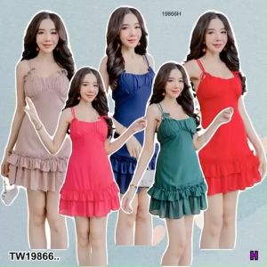 มินิเดรส แขนกุด สายผูกหน้ามีสายไขว้หลัง มีซิปข้างมีซับใน ใส่ยางสม็อคหลัง TT19866