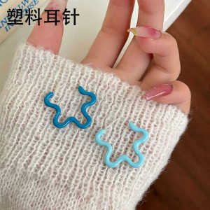 Fresh Blue Plastic Asymmetric Color Block Ear Cuff Womens Fashion Jewelry Allergy Free Line Hoop Flower Stud Earrings