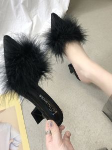 Womens Fashionable Fur Half Slippers Outdoor Wear High Heel Mules Slip-On Shoes Elastic Upper Rubber Outsole Summer 2023