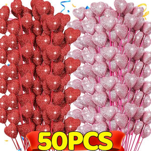 Dozoey ก้านก้านรูปหัวใจกลิตเตอร์โฟมกลิตเตอร์50-2ชิ้นของตกแต่งหน้าเค้กสีชมพูแดงขาววันวาเลนไทน์ดอกไม้งานแต่งงานช่อดอกไม้ตกแต่งแจกัน