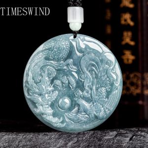 TIMESWIND with Certificate for Men Green Natural Jade Dragon Phoenix Auspicious Round Pendant